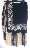 Antique silk scarf with embroidery and fringes