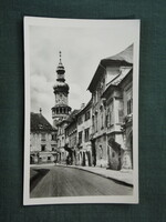 Postcard, detail of Sopron street, view of fire tower