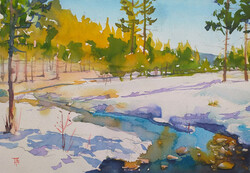 Tibor Bálinth: in bright sunlight (watercolor 23.5cm x 16cm paper 250 grams) winter landscape in sunlight