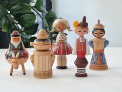 Vintage gyűjtői fa babák, kézműves tárgyak