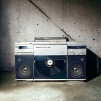 Retro sharp boombox, double-sided vinyl player, radio tape recorder