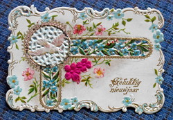 Antique embossed New Year's glittery greeting lace card, not a postcard dove, forget-me-not