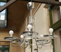 Art deco - streamline - bauhaus 5-arm chrome chandelier renovated - acid-stained glass panels