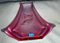 Bohémia súlyos vastag cseh üveg váza--csiszolt minta-különleges alak- vitrinben tartott állapot