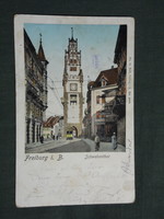 Képeslap, Postcard,Németország,Freiburg i. Br., Straßenbahn am Schwabenthor, villamos, óratorony