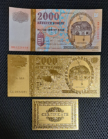 Certifikációval, aranyozott milleniumi 2000 forint bankjegy, replika, és a modellje