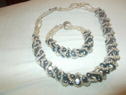 Real cultured pearl set, eggplant blue, handmade, with pearls!!