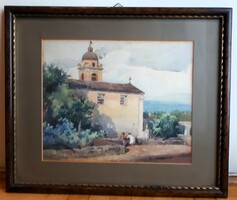 30x24 cm-es akvarell kép, templomkert
