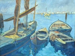 Tibor Ernő: Mediterrán kikötőben c. 60 x 80 cm-es olaj, vászon festmény