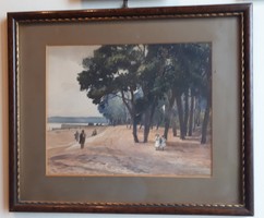 30x24 cm-es akvarell kép, vízpart, szignózott