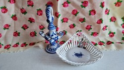 2 Blue-patterned porcelain tray and candle holder