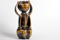 Pázmándy antal scratched glazed ceramic sculpture - candle holder