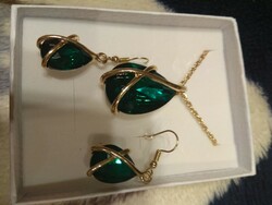 Bizsu gold-plated green stone necklace, earrings