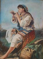 Barcsai Ferenc - Pipázó cigánylány - jelzett olaj / vászon festmény - nagy méret