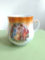 Antique old Zsolnay porcelain belly mug with ears, antique mythological scene, three female figures