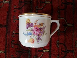 Beautiful, old, gold-rimmed, flower-patterned Czech porcelain cup, mug, tumbler