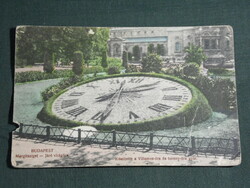 Postcard, Budapest, Margitsziget, flower clock, tram clock tower clock factory