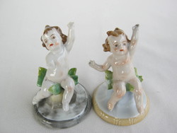 Antik jelzett miniatűr porcelán puttó pár - sérült