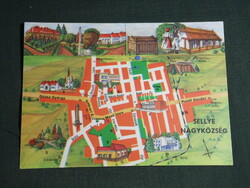 Képeslap, Sellye nagyközség, grafikai térképes,részletek,áruház,emlékmű,templom, népviselet
