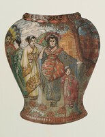 Ázsiai váza dekorterv. Antik akvarell.