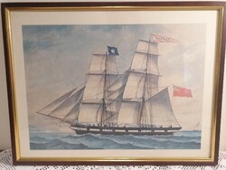 Sailing on a nautical theme 2. Print with passepartout, tastefully framed as a picture in a wooden frame with gold border
