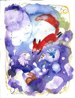 Ravaszdi - contemporary painter/graphic artist agnes laczó, original watercolor painting on paper - fox, rabbit