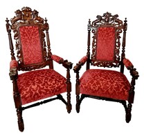 A805 antique, richly carved, Renaissance-style throne armchairs