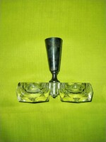 Polished glass salt shaker with copper toothpick holder
