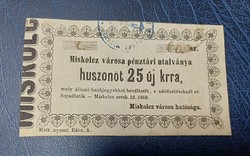 Miskolcz város pénztári utalványa 1860 25 új Krajcár