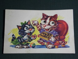 Postcard, switzerland, Michaelis graphics with a cartoon cat and kitten with moving eyes