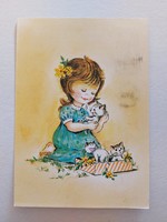Retro postcard 1986 little girl with cats