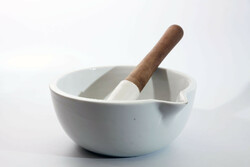 1940. Epiag huge grinding bowl with white porcelain mortar and pestle -- pharmacy apothecary bowl tool container