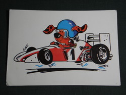 Postcard, foundation for children in state care, graphic artist, animals, dog racing car