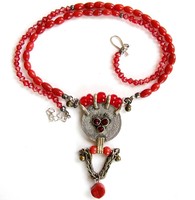 Azar half length red coral Persian copper/glass pendant necklace with blue glass/coral beads