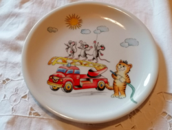 Fireman cat with dancing mice, very rare story plate from the seventies