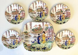 Czech antique victoria porcelain cake set 5+1 decorated with Japanese scenes