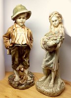 Dutch boy-girl pair, large-sized burnt plaster glazed statue, unique rarity