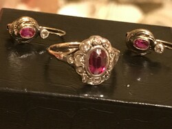 Antique gold earrings and ring with diamonds and rubies