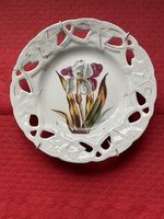 Antique bohemian plate with hand-painted irises, openwork border, 20 cm in diameter
