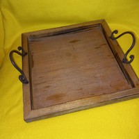 One-person, cube wooden tray, with metal tabs.