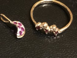 Modern yellow gold ring and pendant with diamonds and real rubies