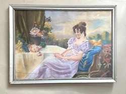 Elegant seated woman with flowers antique marked romantic pastel painting in a silver wooden frame