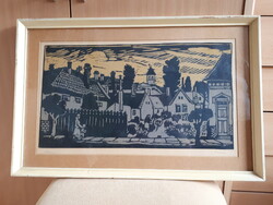 Painted wooden frame glazed, with lino cut,