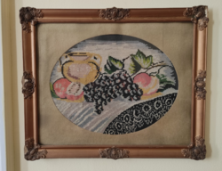 Tabletop still life with fruits large-eyed antique tapestry