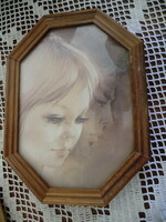 Antique octagonal wooden picture frame approx. For a 13X17 cm photo with glass