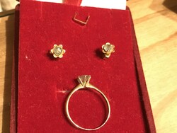 Yellow gold ring and earrings with moissanite diamonds