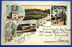Kisbér - templom, Wenckheim emlék,Kozma emlék, Pokol, Törzsmén - mozaik  litho képeslap  1899