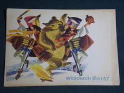 Postcard, poland, festive, graphic, maria odowska-gabrys, folk costume, outlaws, roadblock, bear