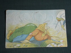 Postcard, graphic drawing, humorous scene, old woman and the bicycle accident