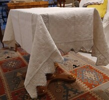 Antique home-woven linen tablecloth, tablecloth with lace inserts, lace border